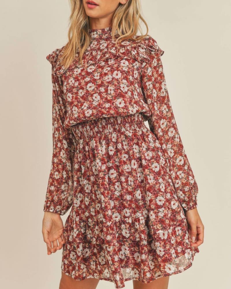 Front of a model wearing a size L Taylor Ruffled Mini Dress In Rose in Rose by Sadie & Sage. | dia_product_style_image_id:342458